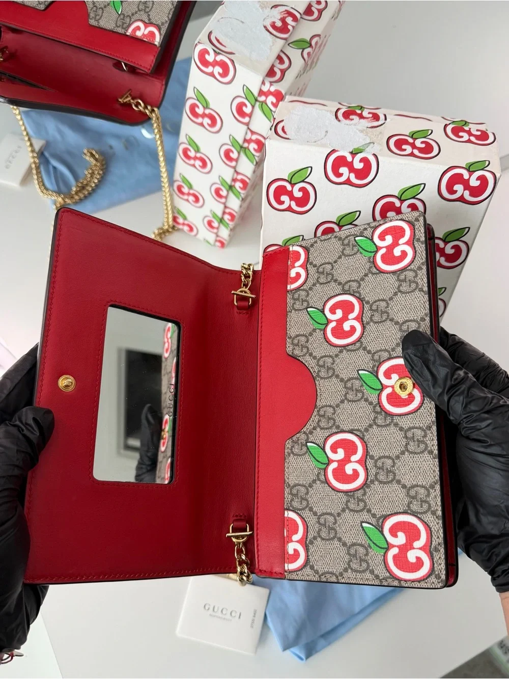Gucci GG Supreme Apple Print Wallet on Chain WOC gold chain Full Set Rare - Picture 7 of 9